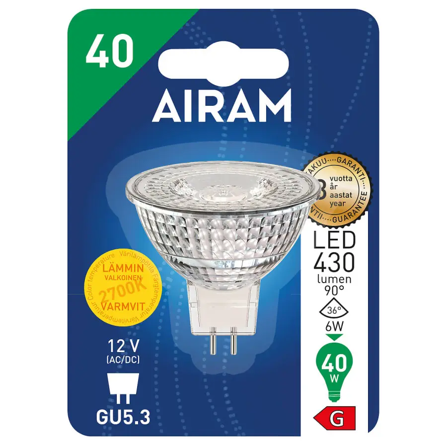 Airam GU5,3 MR16 12V 6,2W 2700K 520lm Led Kohdelamppu 4 Airam GU5,3 MR16 12V 6,2W 2700K 520lm Led Kohdelamppu - Image 2