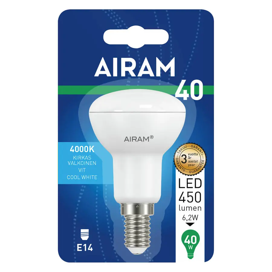 Airam E14 R50 4W 4000K 480lm/138cd Led Kohdelamppu 3 Airam E14 R50 4W 4000K 480lm/138cd Led Kohdelamppu