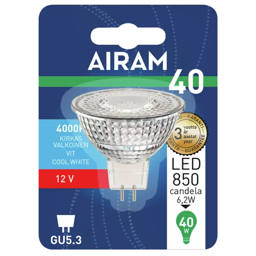 Airam GU5,3 MR16 12V 6,2W 4000K 520lm Led Kohdelamppu 4 Airam GU5,3 MR16 12V 6,2W 4000K 520lm Led Kohdelamppu - Image 2