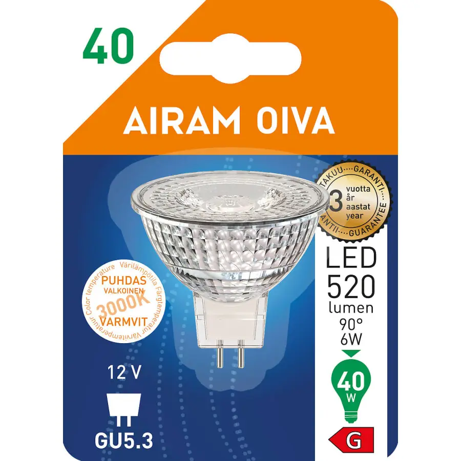 Airam Oiva GU5,3 MR16 12V 6,2W 3000K 520lm Led Kohdelamppu 4 Airam Oiva GU5,3 MR16 12V 6,2W 3000K 520lm Led Kohdelamppu - Image 2