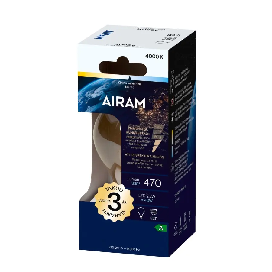 Airam A E27 2,2W 4000K 470lm Kirkas Led Vakiolamppu 4 Airam A E27 2,2W 4000K 470lm Kirkas Led Vakiolamppu - Image 2